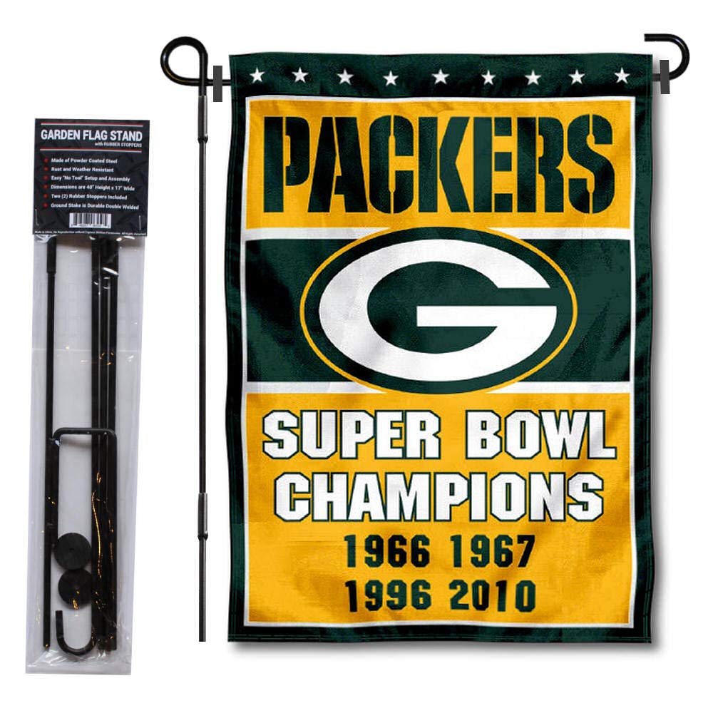 WinCraft Green Bay Packers 4 Time Champions Garden Flag and Pole Stand Holder - Sports Collectibles, Sports Memorabilia, Sports Fan Shop, Sports Gifts