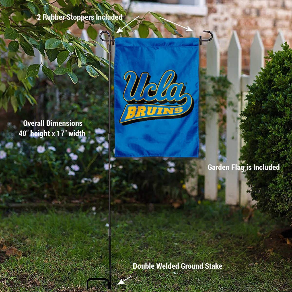UCLA Garden Flag and USA Flag Stand Pole Holder Set - Sports Collectibles, Sports Memorabilia, Sports Fan Shop, Sports Gifts