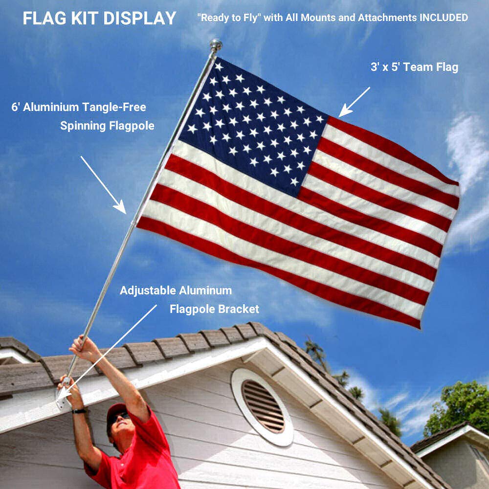 Sports Flags Pennants Company House 6 Foot Flagpole Bracket and USA Flag Bundle - Sports Collectibles, Sports Memorabilia, Sports Fan Shop, Sports Gifts