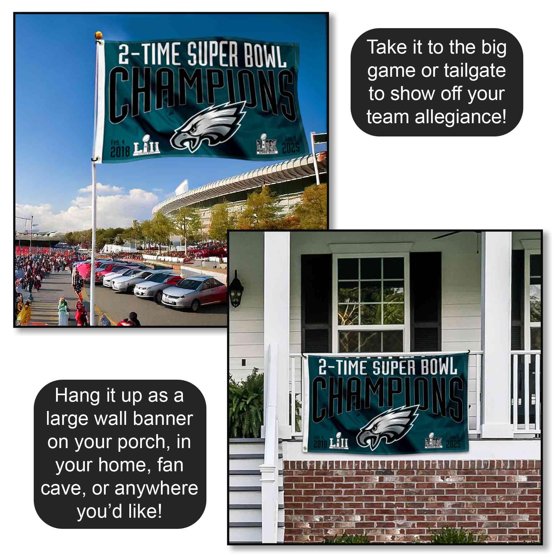 Philadelphia Eagles 2 Time Super Bowl Champions Flag Outdoor Indoor 3x5 Foot Banner - Sports Collectibles, Sports Memorabilia, Sports Fan Shop, Sports Gifts