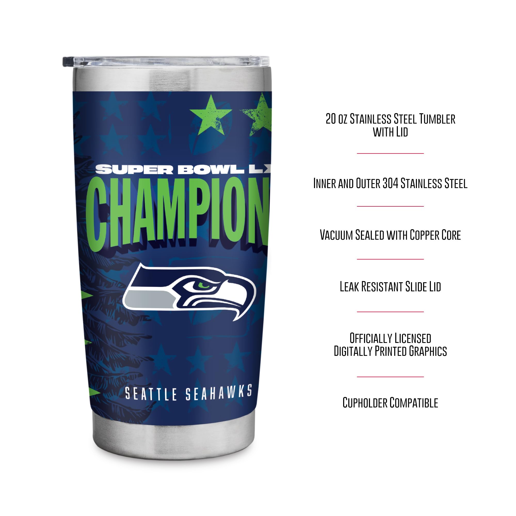 Rico Industries NFL Football Seattle Seahawks 2026 Super Bowl LX Champions 20oz Stainless Steel Tumbler with Lid - Great For Coffee, Tea, Water or Cocktails - Sports Gifts, Sports Memorabilia, Sports Collectibles, Fan Shop