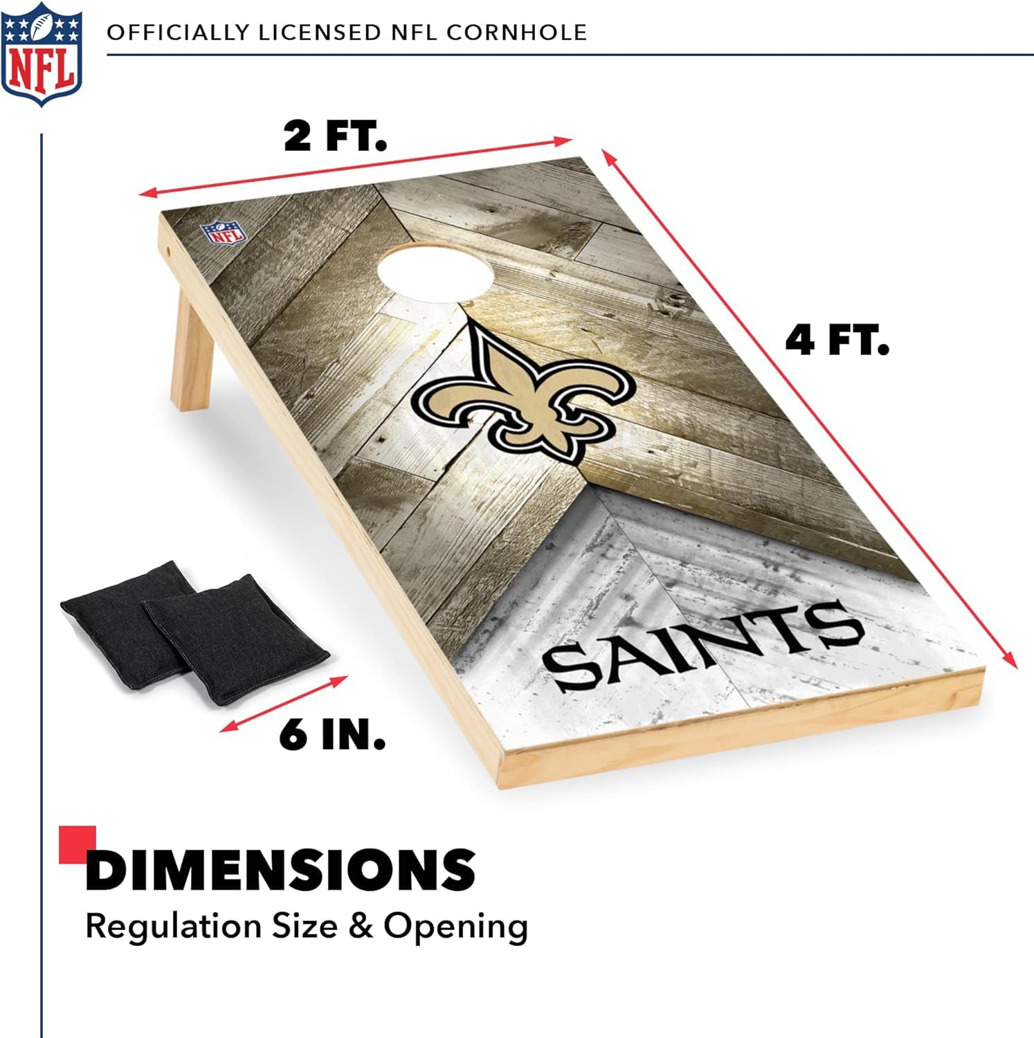 Wild Sports NFL New Orleans Saints 2' x 4' Regulation Size Solid Wood Cornhole Set with Direct Print HD Team Graphics - Sports Collectibles, Sports Memorabilia, Sports Fan Shop, Sports Gifts