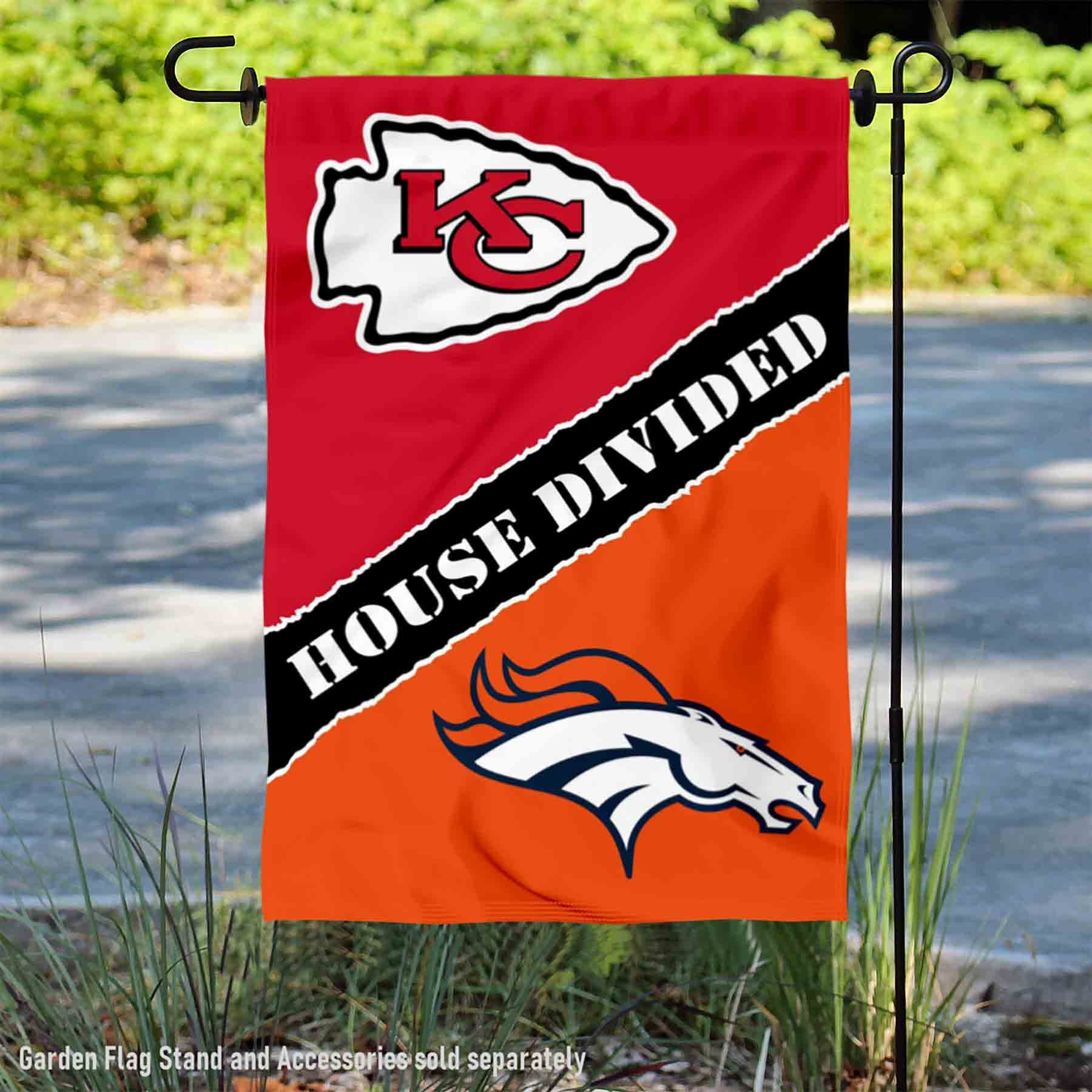 WinCraft House Divided Chiefs and Broncos Double Sided Garden Flag - Sports Collectibles, Sports Memorabilia, Sports Fan Shop, Sports Gifts