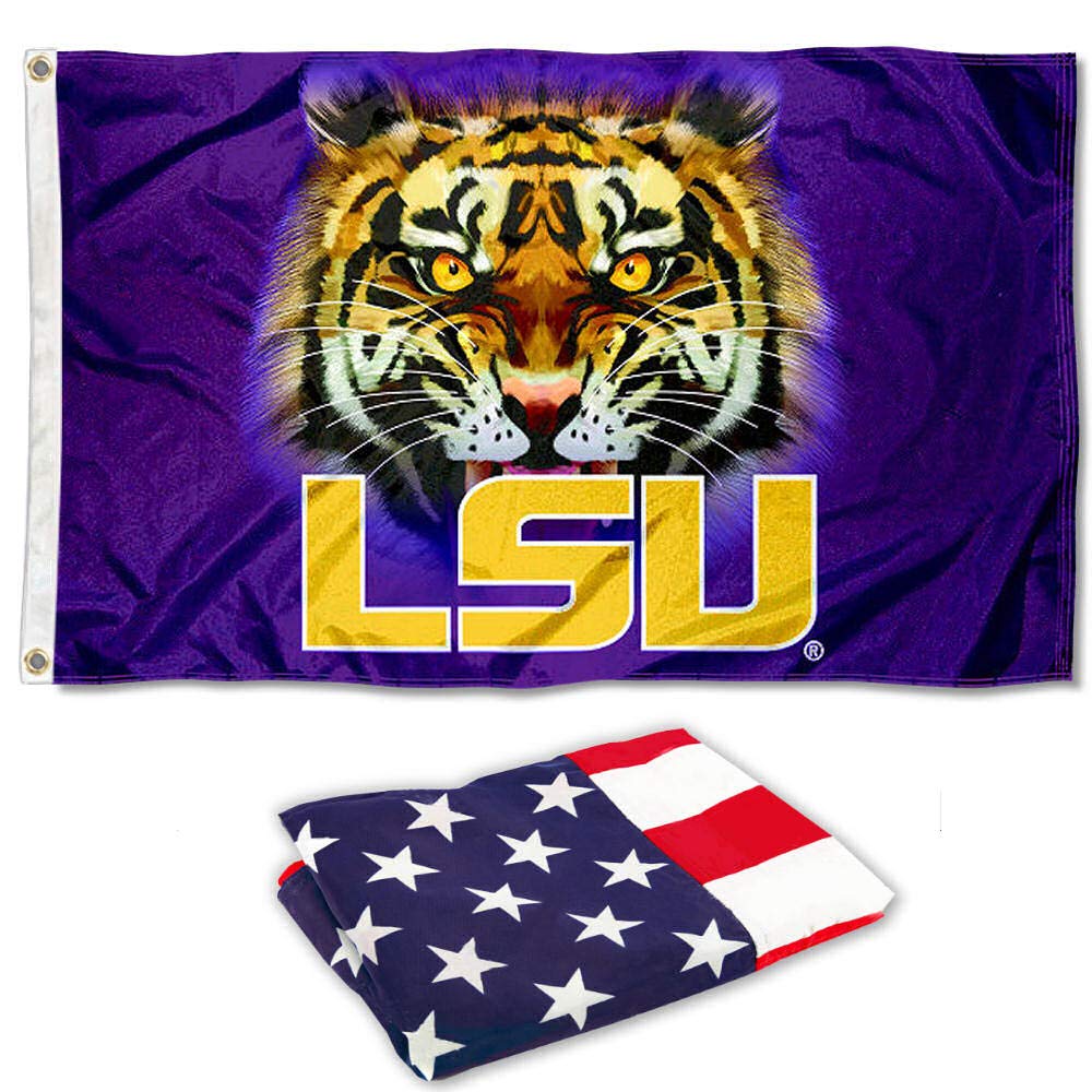 College Flags & Banners Co. LSU Tiger Eye Flag and USA 3x5 Flag Set - Sports Collectibles, Sports Memorabilia, Sports Fan Shop, Sports Gifts