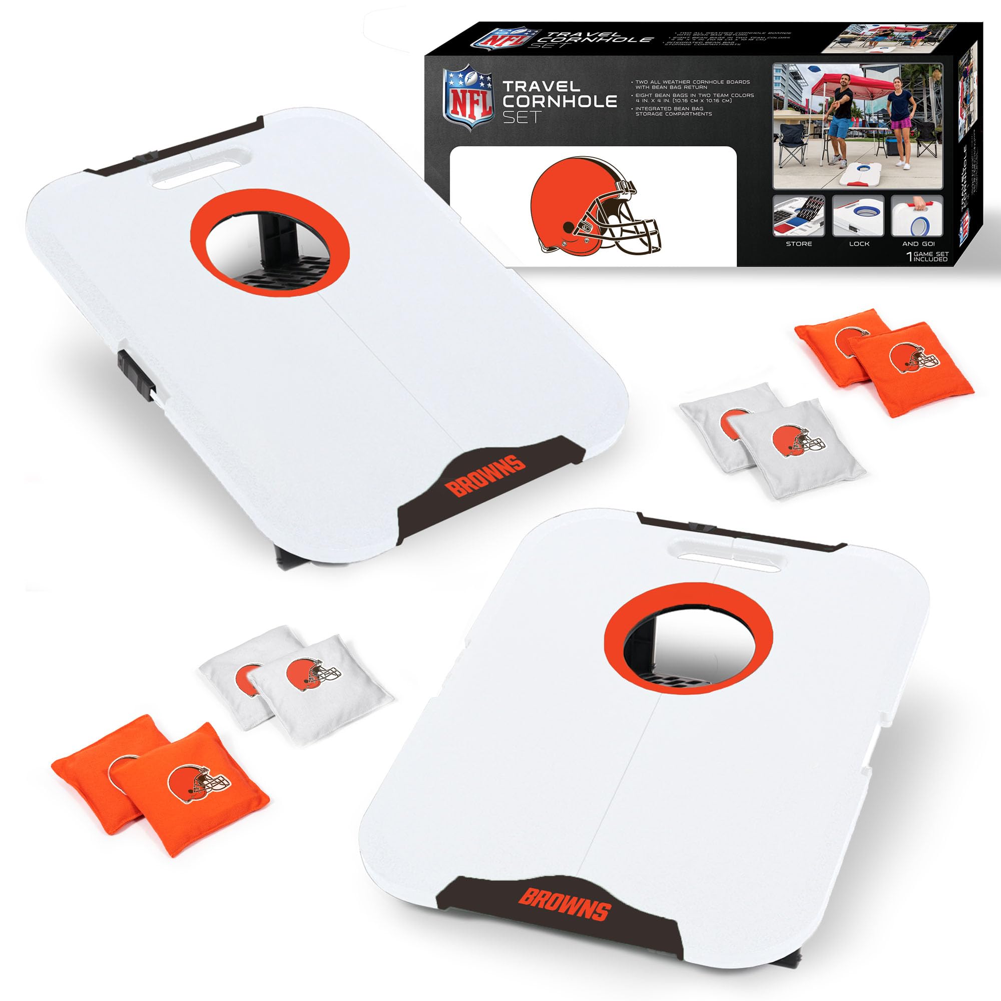 Wild Sports NFL Cleveland Browns Pro Football All-Weather Cornhole Set - Travel Bean Bag Toss Set Includes 8 Bean Bags - Sports Collectibles, Sports Memorabilia, Sports Fan Shop, Sports Gifts