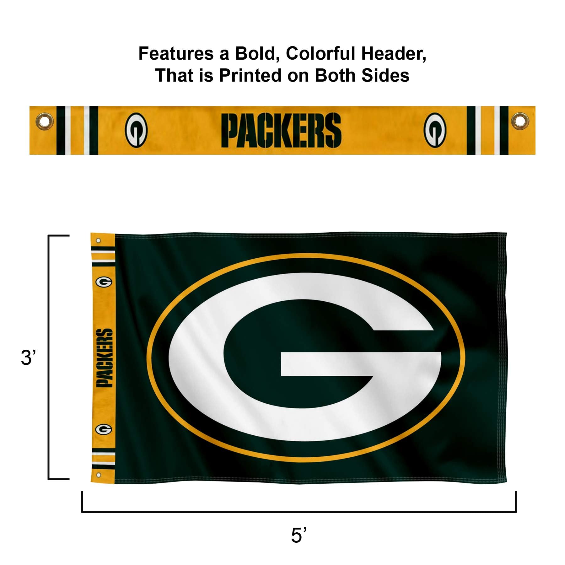 WinCraft Green Bay Packers Printed Header 3x5 Foot Banner Flag - Sports Collectibles, Sports Memorabilia, Sports Fan Shop, Sports Gifts