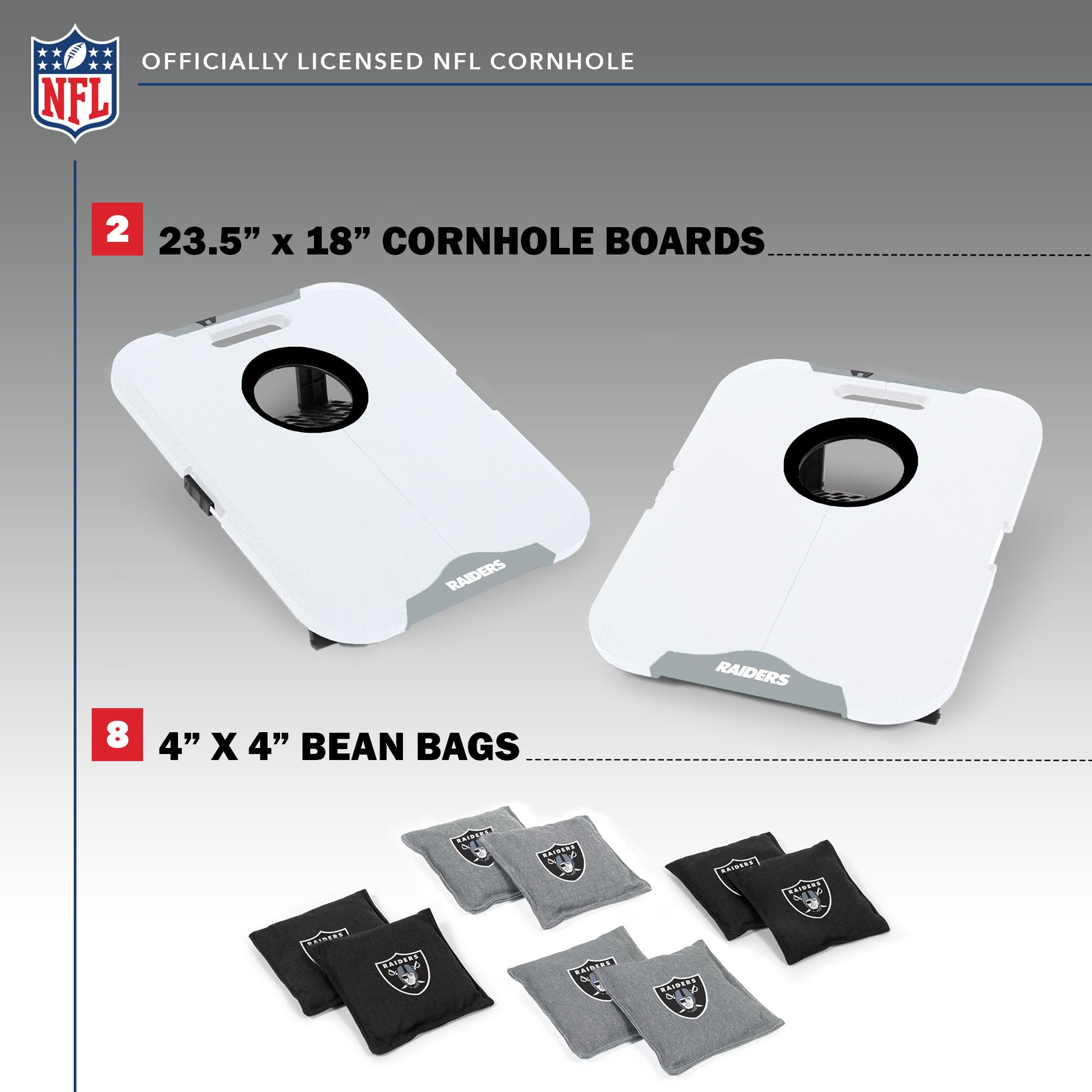 Wild Sports NFL Las Vegas Raiders Pro Football All-Weather Cornhole Set - Travel Bean Bag Toss Set Includes 8 Bean Bags - Sports Collectibles, Sports Memorabilia, Sports Fan Shop, Sports Gifts