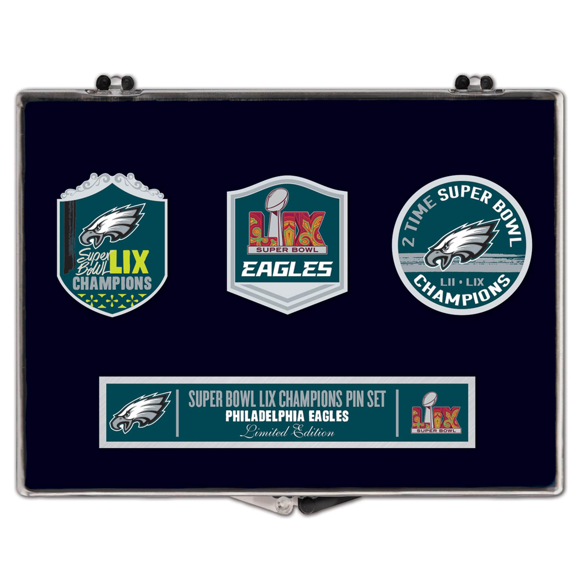 WinCraft Philadelphia Eagles Super Bowl LIX Champions Three-Piece Collector Pin Set - Sports Collectibles, Sports Memorabilia, Sports Fan Shop, Sports Gifts