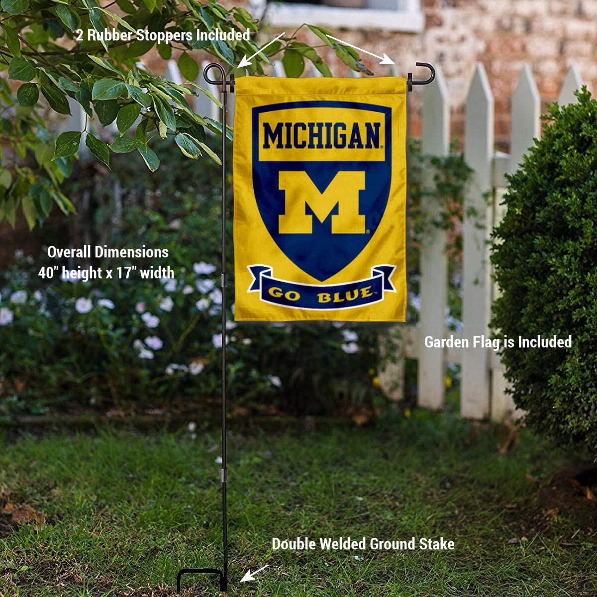 College Flags & Banners Co. Michigan Wolverines Double Sided Shield Logo Garden Flag and USA Flag Stand Pole Holder Set - Sports Collectibles, Sports Memorabilia, Sports Fan Shop, Sports Gifts