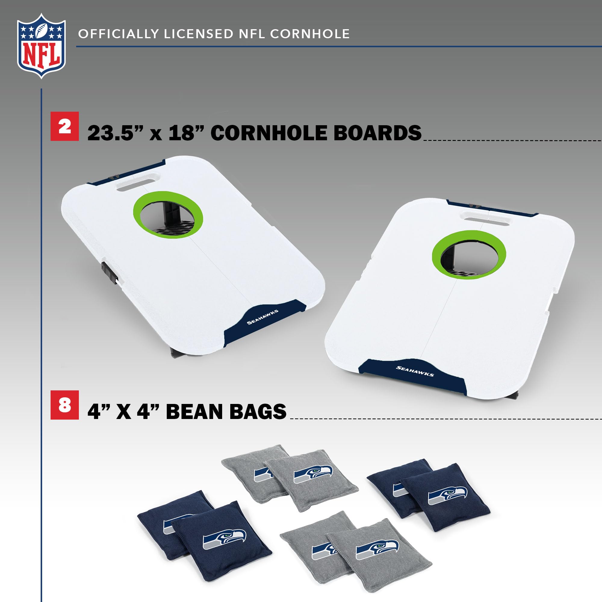 Wild Sports NFL Seattle Seahawks Pro Football All-Weather Cornhole Set - Travel Bean Bag Toss Set Includes 8 Bean Bags - Sports Collectibles, Sports Memorabilia, Sports Fan Shop, Sports Gifts