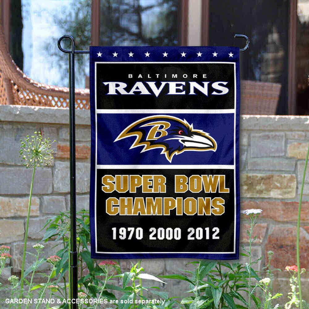 WinCraft Baltimore Ravens 3 Time Super Bowl Champions Double Sided Garden Flag - Sports Collectibles, Sports Memorabilia, Sports Fan Shop, Sports Gifts