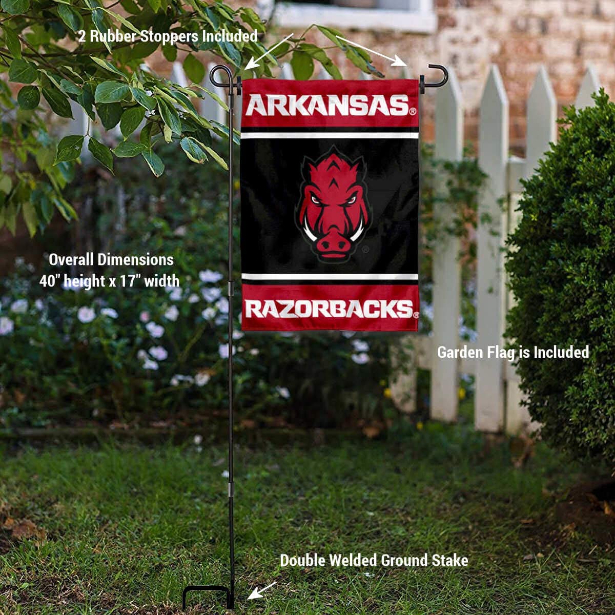 College Flags & Banners Co. Arkansas Razorbacks Garden Flag and USA Flag Stand Pole Holder Set - Sports Collectibles, Sports Memorabilia, Sports Fan Shop, Sports Gifts
