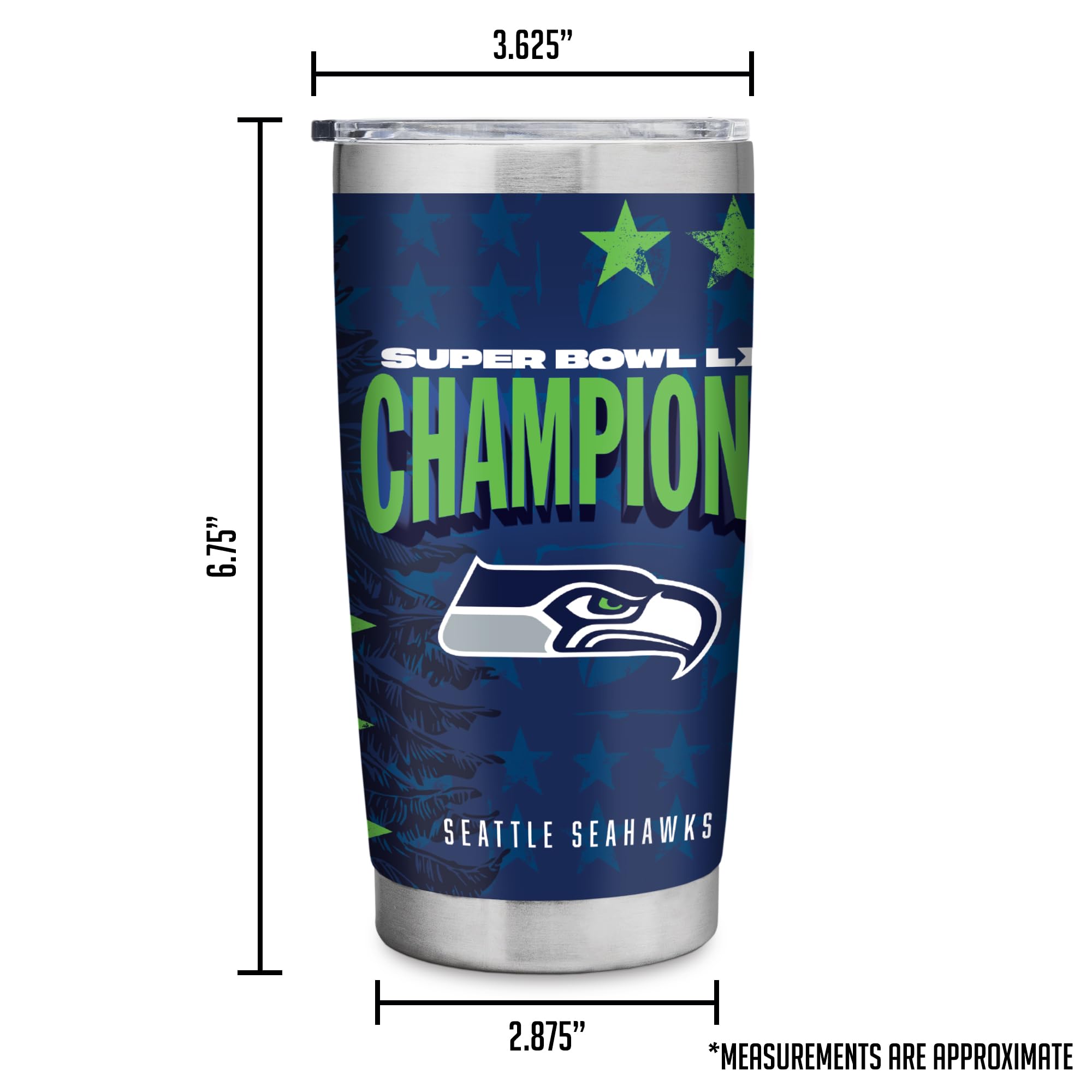 Rico Industries NFL Football Seattle Seahawks 2026 Super Bowl LX Champions 20oz Stainless Steel Tumbler with Lid - Great For Coffee, Tea, Water or Cocktails - Sports Gifts, Sports Memorabilia, Sports Collectibles, Fan Shop