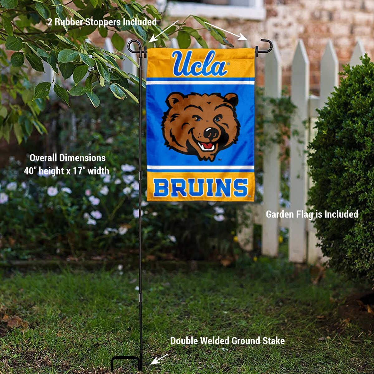 UCLA Bruins Garden Flag and USA Flag Stand Pole Holder Set - Sports Collectibles, Sports Memorabilia, Sports Fan Shop, Sports Gifts