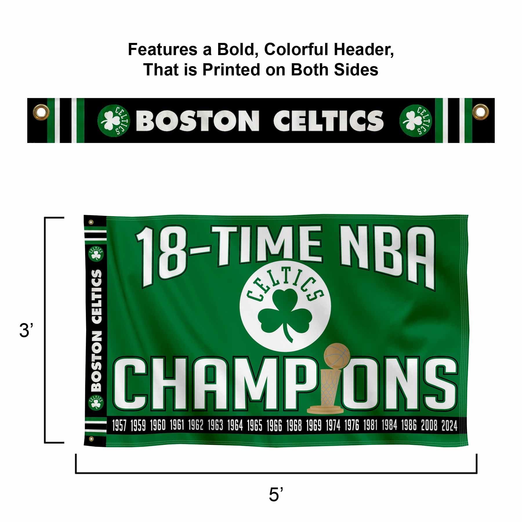 WinCraft Boston Celtics 18 Time NBA Champions Printed Header 3x5 Premium Banner Flag - Sports Collectibles, Sports Memorabilia, Sports Fan Shop, Sports Gifts