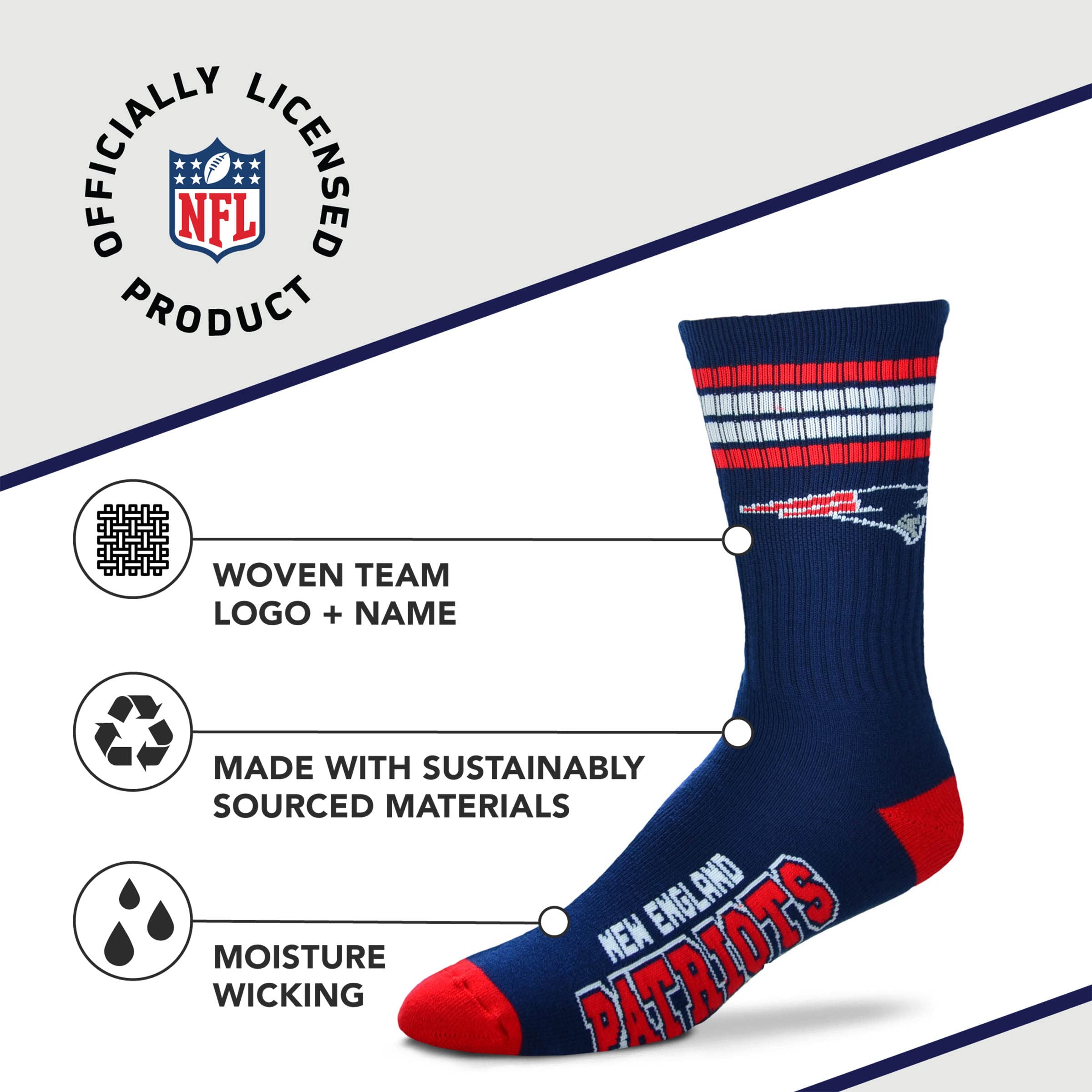 For Bare Feet NFL Youth 4 Stripe Deuce Crew Sock, New England Patriots, One Size - Sports Gifts, Sports Memorabilia, Sports Collectibles, Fan Shop