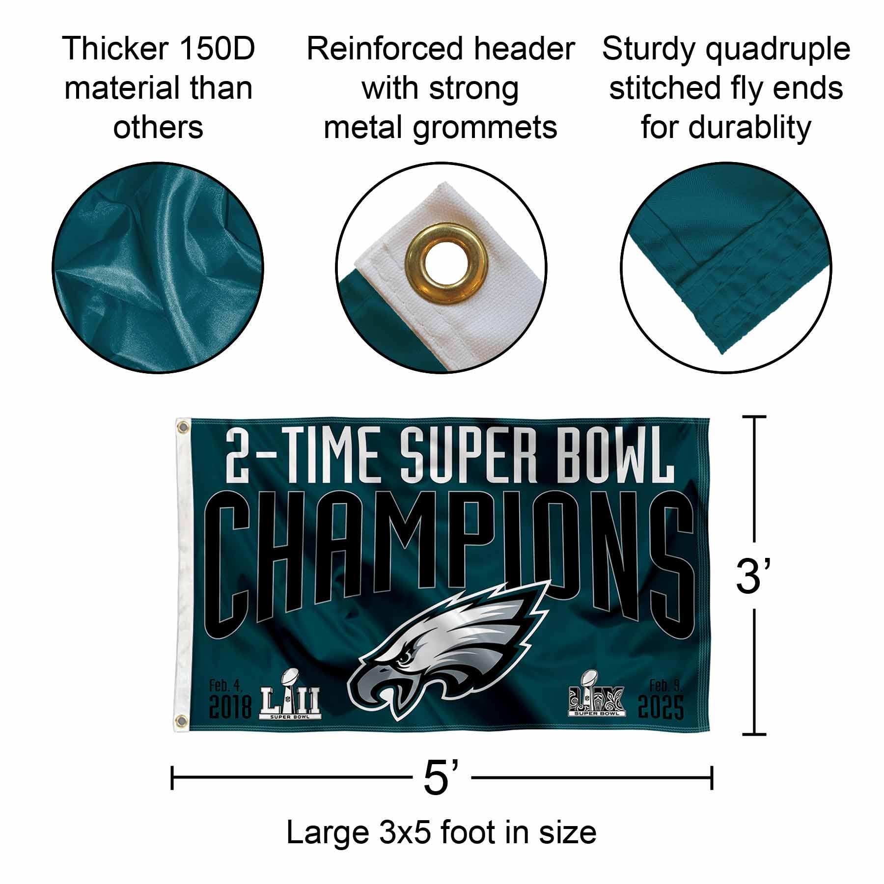 Philadelphia Eagles 2 Time Super Bowl Champions Flag Outdoor Indoor 3x5 Foot Banner - Sports Collectibles, Sports Memorabilia, Sports Fan Shop, Sports Gifts