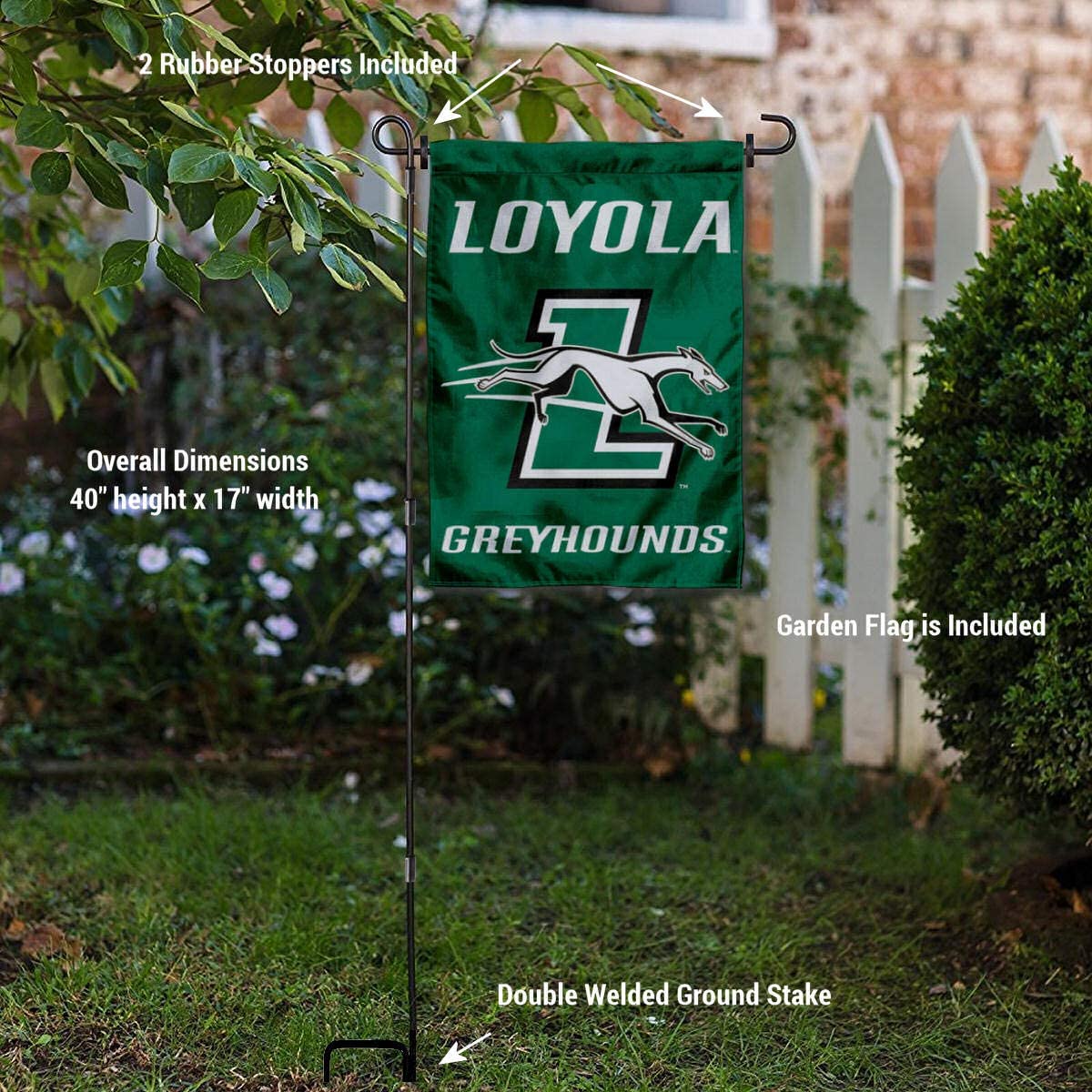 College Flags & Banners Co. Loyola Maryland Greyhounds Garden Flag and Stand Pole Holder Set - Sports Collectibles, Sports Memorabilia, Sports Fan Shop, Sports Gifts