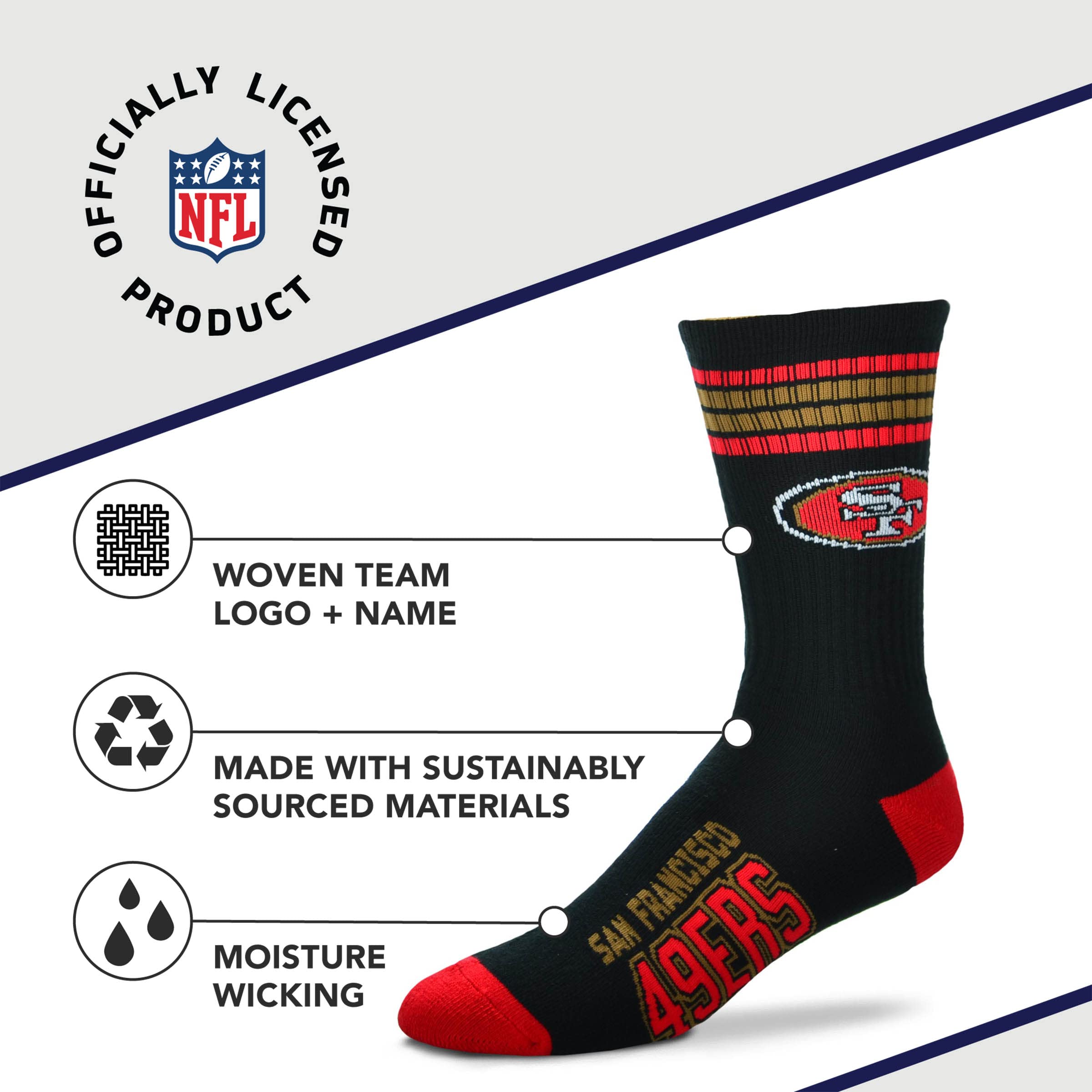 For Bare Feet NFL Youth 4 Stripe Deuce Crew Sock, San Francisco 49ers, One Size - Sports Gifts, Sports Memorabilia, Sports Collectibles, Fan Shop