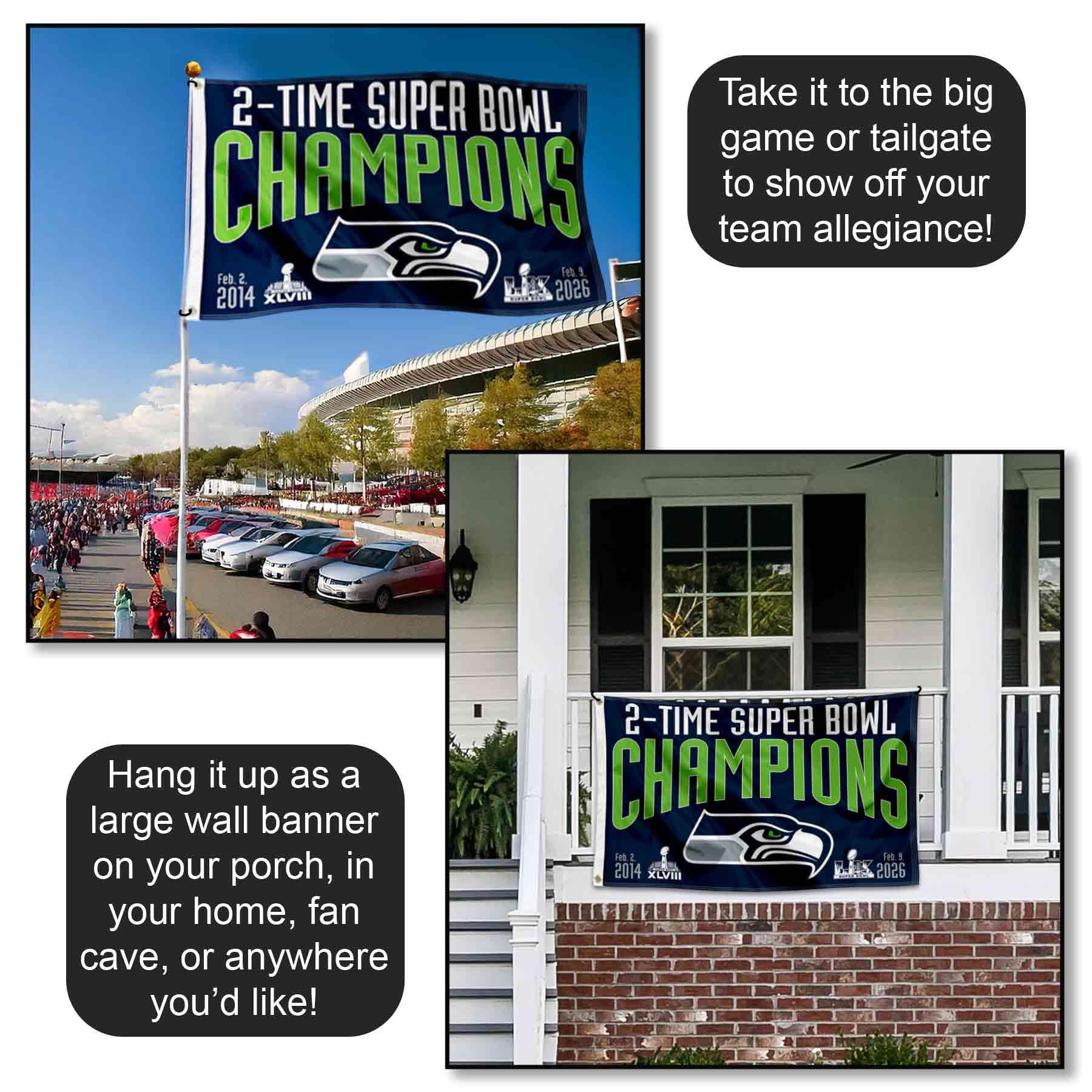 Seattle Seahawks 2 Time Super Bowl Champions Banner Flag - Sports Gifts, Sports Memorabilia, Sports Collectibles, Fan Shop