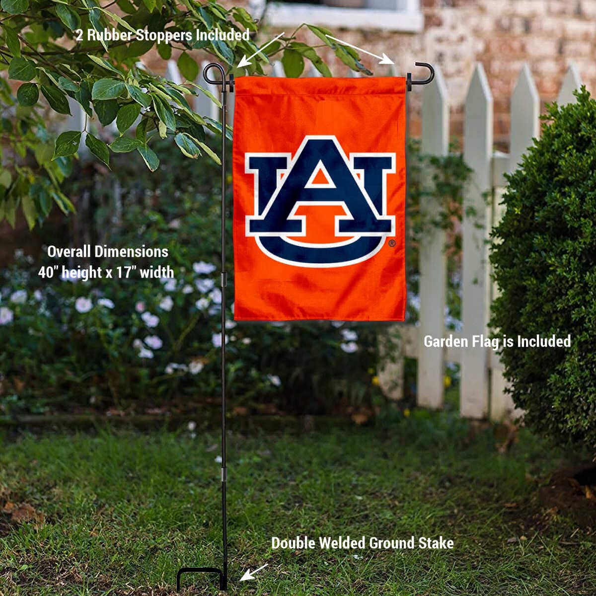 College Flags & Banners Co. Auburn University Orange Garden Flag and USA Flag Stand Pole Holder Set - Sports Collectibles, Sports Memorabilia, Sports Fan Shop, Sports Gifts