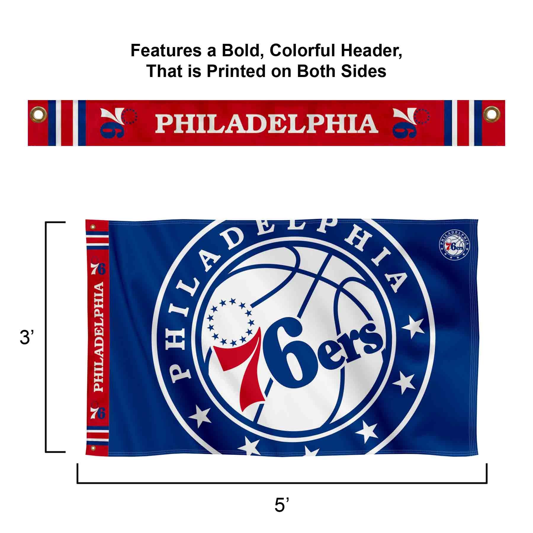 WinCraft Philadelphia 76ers Printed Header 3x5 Premium Banner Flag - Sports Collectibles, Sports Memorabilia, Sports Fan Shop, Sports Gifts