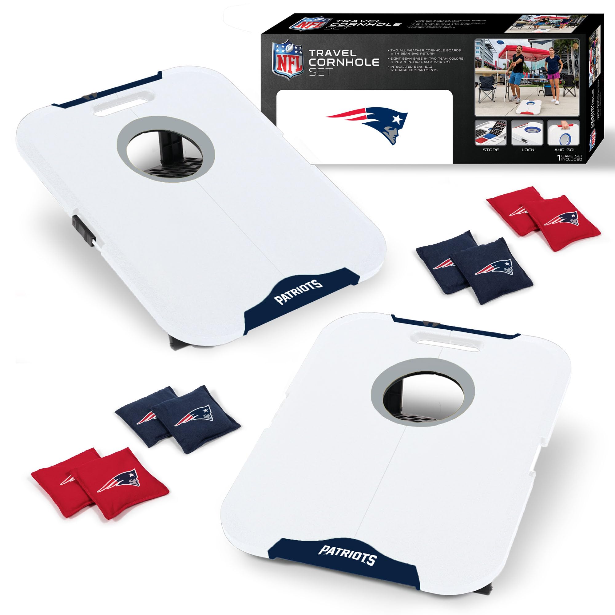 Wild Sports NFL New England Patriots Pro Football All-Weather Cornhole Set - Travel Bean Bag Toss Set Includes 8 Bean Bags - Sports Collectibles, Sports Memorabilia, Sports Fan Shop, Sports Gifts
