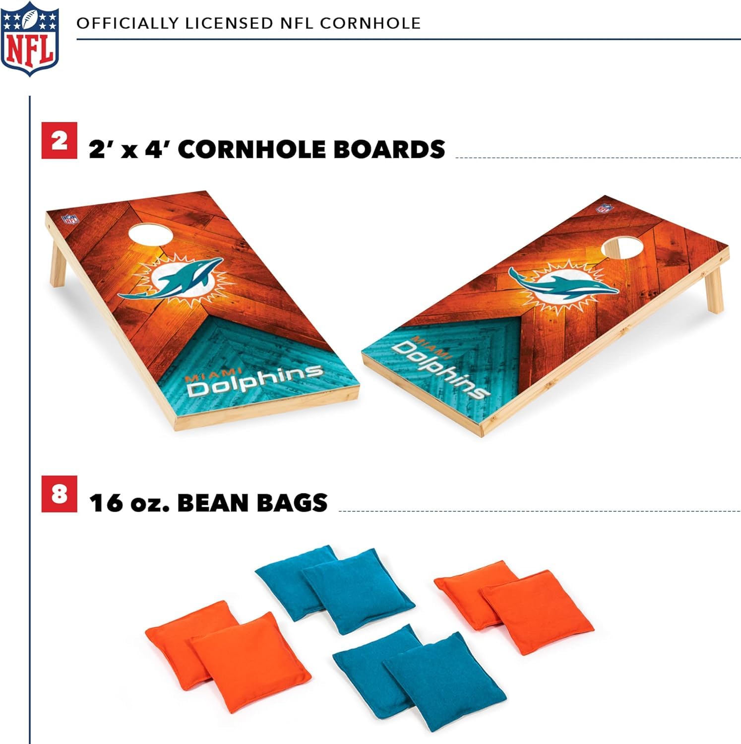 Wild Sports NFL Miami Dolphins 2' x 4' Regulation Size Solid Wood Cornhole Set with Direct Print HD Team Graphics - Sports Collectibles, Sports Memorabilia, Sports Fan Shop, Sports Gifts