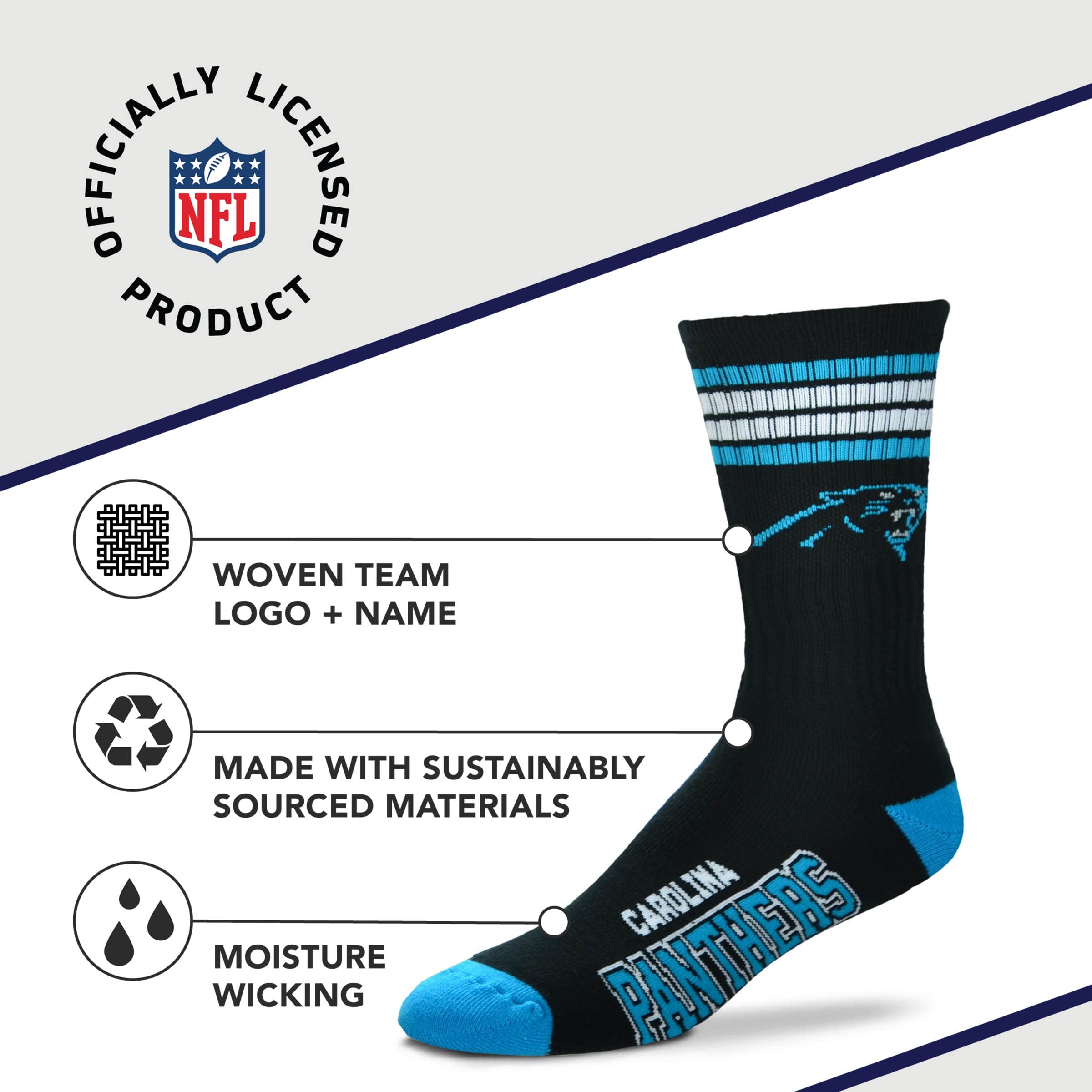 For Bare Feet NFL Youth 4 Stripe Deuce Crew Sock, Carolina Panthers, One Size - Sports Gifts, Sports Memorabilia, Sports Collectibles, Fan Shop