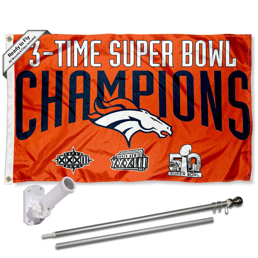 WinCraft Denver Broncos 3 Time Champs Flag Pole and Bracket Kit - Sports Collectibles, Sports Memorabilia, Sports Fan Shop, Sports Gifts