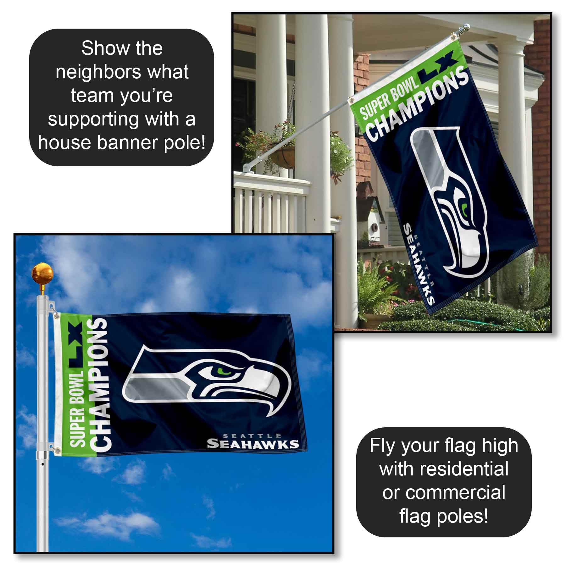 Seattle Seahawks Super Bowl LX Champions Banner Flag - Sports Gifts, Sports Memorabilia, Sports Collectibles, Fan Shop
