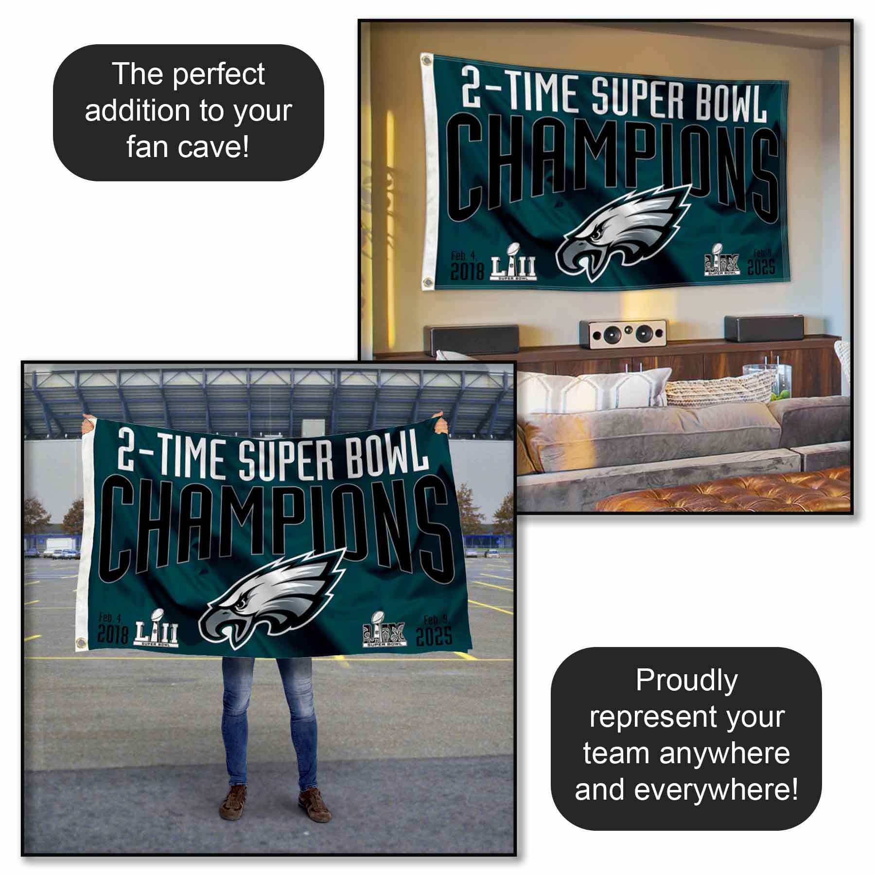 Philadelphia Eagles 2 Time Super Bowl Champions Flag Outdoor Indoor 3x5 Foot Banner - Sports Collectibles, Sports Memorabilia, Sports Fan Shop, Sports Gifts