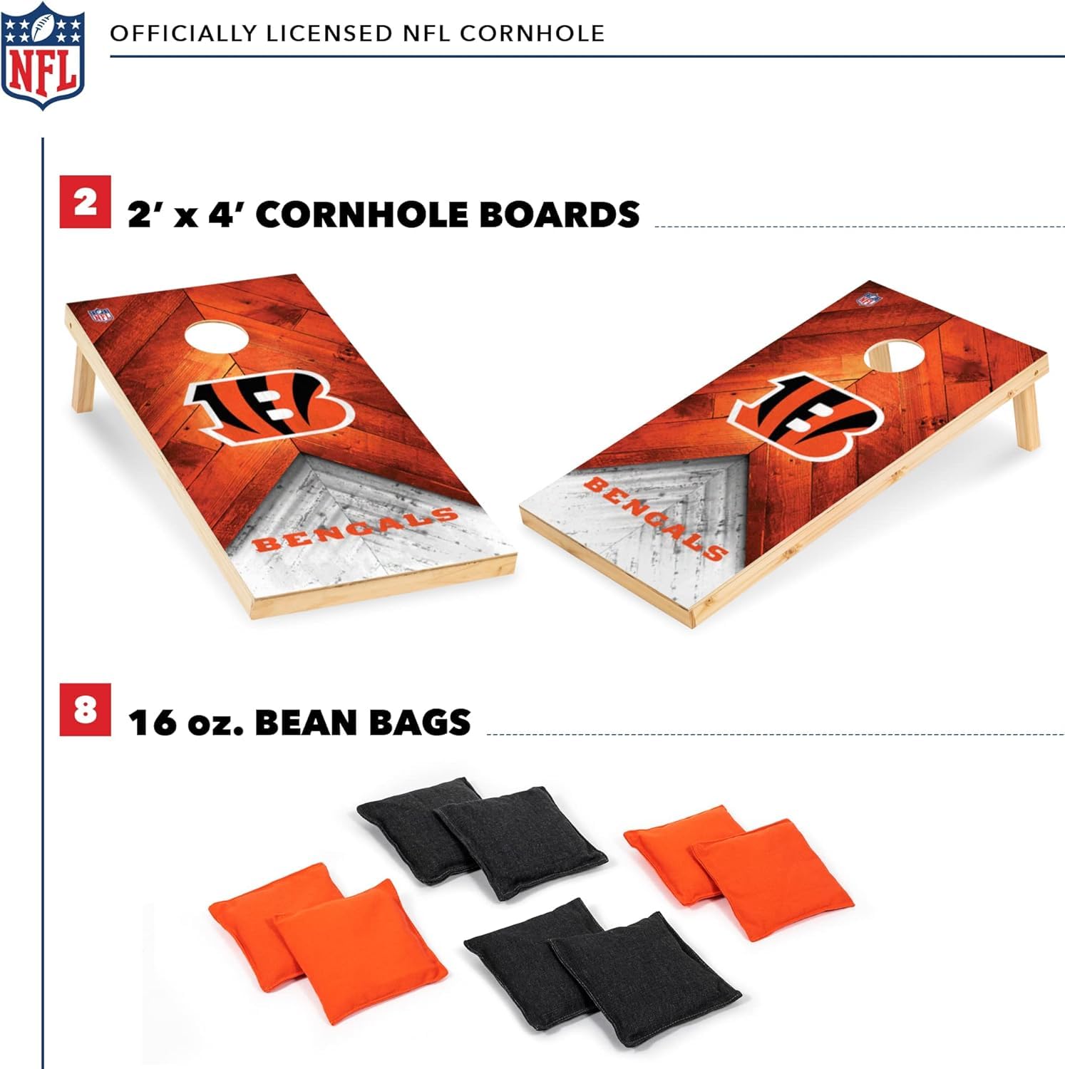 Wild Sports NFL Cincinnati Bengals 2' x 4' Regulation Size Solid Wood Cornhole Set with Direct Print HD Team Graphics - Sports Collectibles, Sports Memorabilia, Sports Fan Shop, Sports Gifts