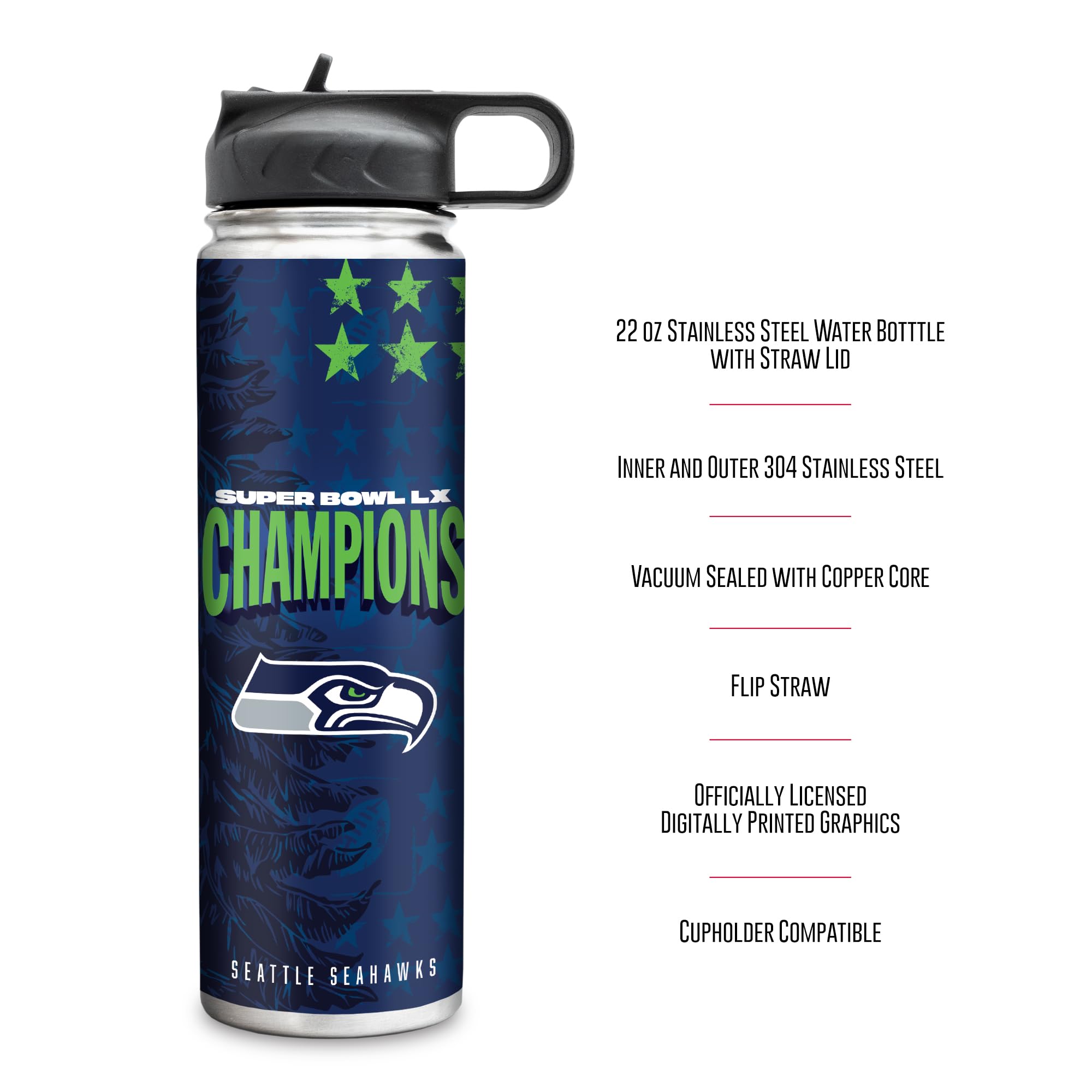 Rico Industries NFL Football Seattle Seahawks 2026 Super Bowl LX Champions 22oz Stainless Steel Tumbler with Lid - Great For Coffee, Tea, Water or Cocktails - Sports Gifts, Sports Memorabilia, Sports Collectibles, Fan Shop