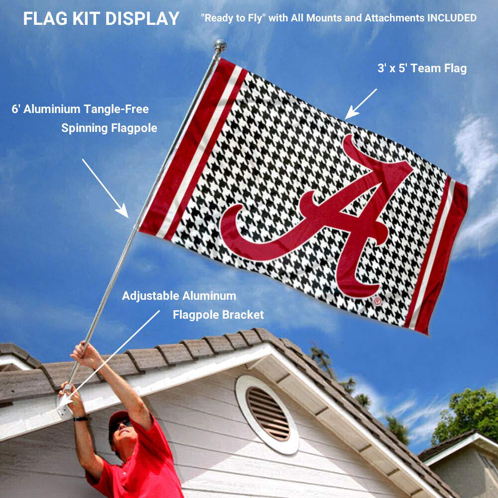 College Flags & Banners Co. Alabama Crimson Tide Houndstooth Flag with Pole and Bracket Kit - Sports Collectibles, Sports Memorabilia, Sports Fan Shop, Sports Gifts