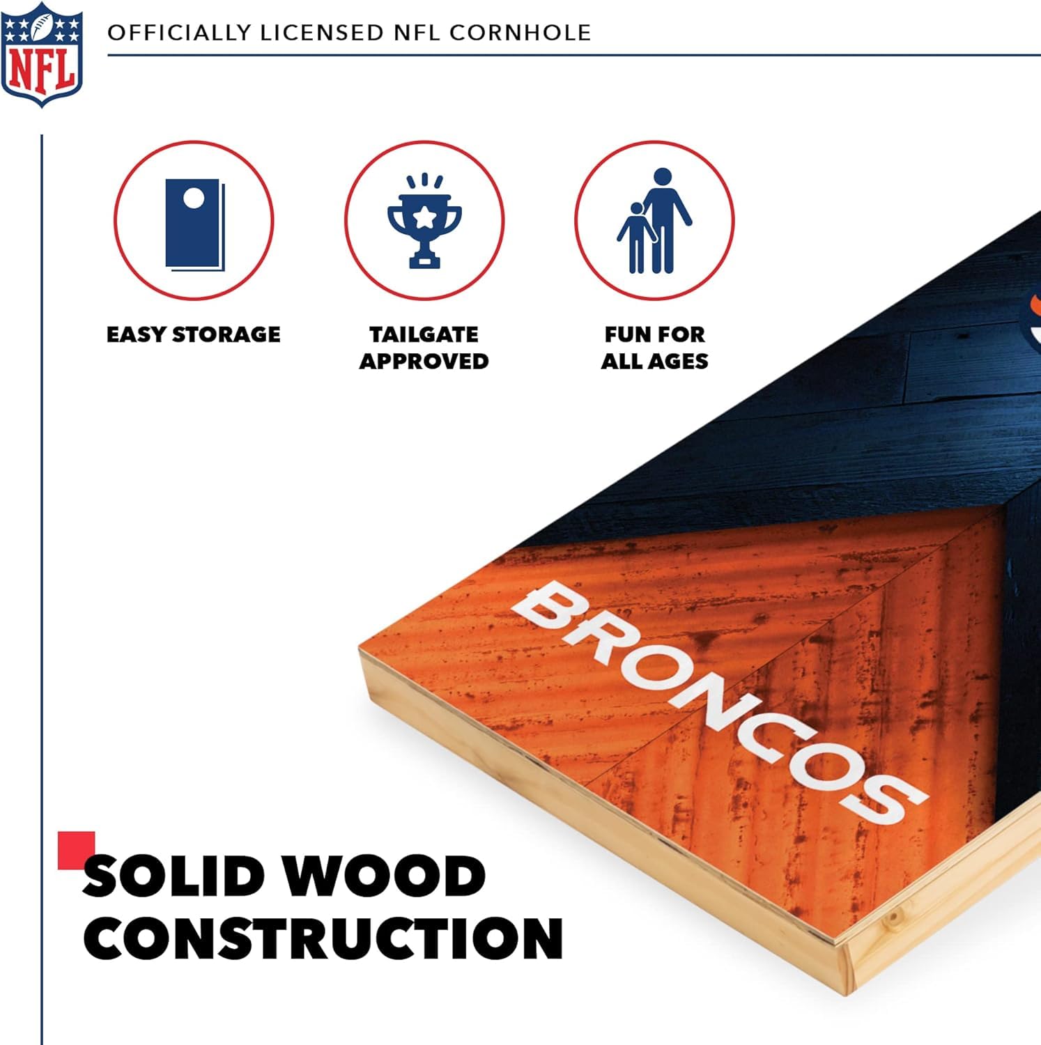 Wild Sports NFL Denver Broncos 2' x 4' Regulation Size Solid Wood Cornhole Set with Direct Print HD Team Graphics - Sports Collectibles, Sports Memorabilia, Sports Fan Shop, Sports Gifts