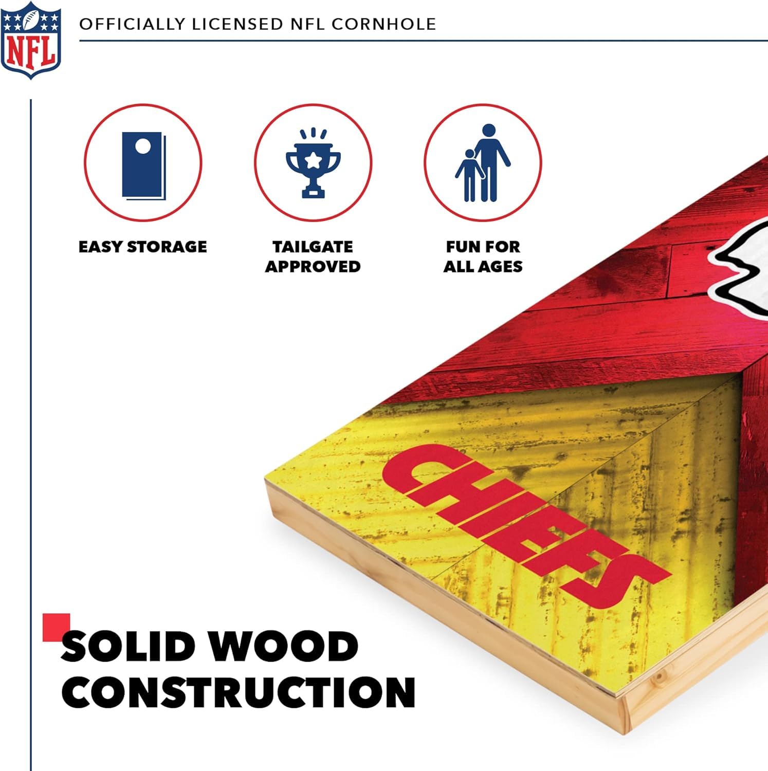 Wild Sports NFL Kansas City Chiefs 2' x 4' Regulation Size Solid Wood Cornhole Set with Direct Print HD Team Graphics - Sports Collectibles, Sports Memorabilia, Sports Fan Shop, Sports Gifts