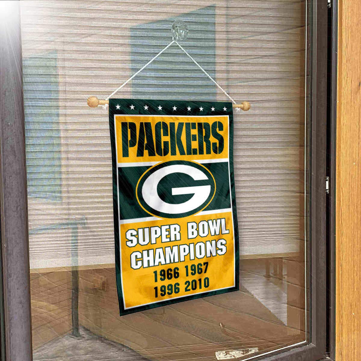 Green Bay Packers 4 Time Champions Banner Window Wall Hanging Flag with Suction Cup - Sports Collectibles, Sports Memorabilia, Sports Fan Shop, Sports Gifts