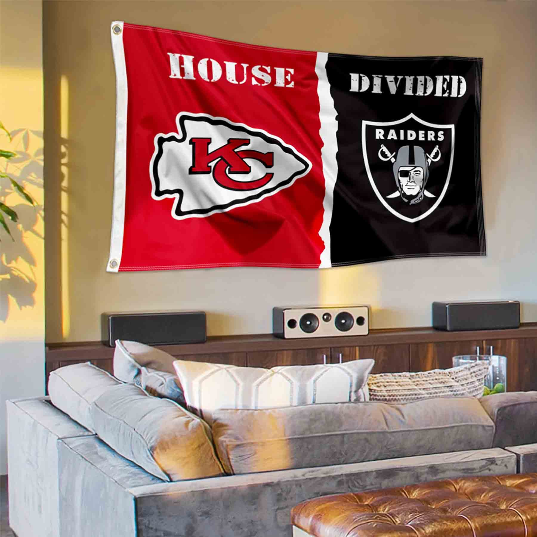WinCraft Chiefs and Raiders House Divided Flag Rivalry Banner - Sports Collectibles, Sports Memorabilia, Sports Fan Shop, Sports Gifts