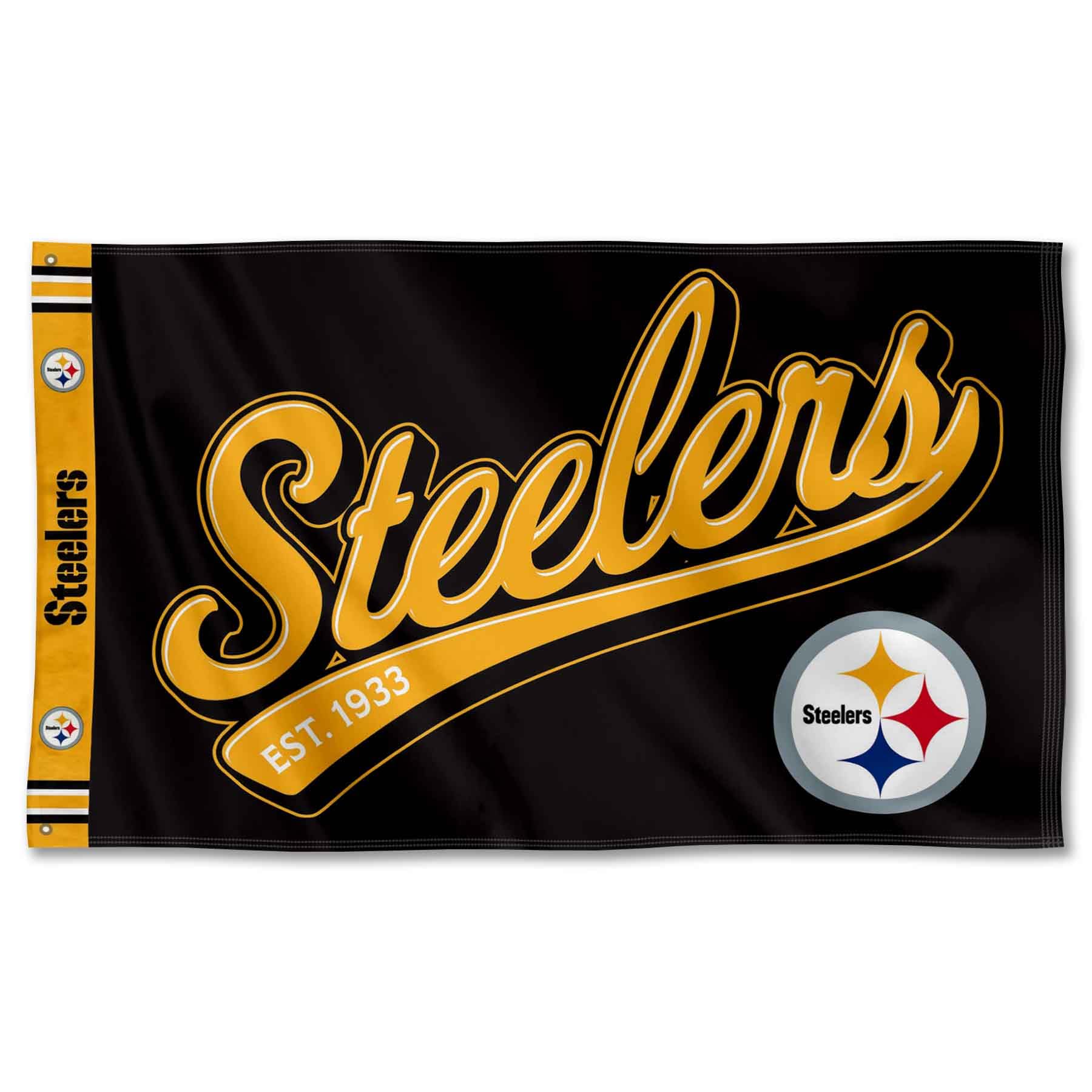 WinCraft Pittsburgh Steelers Script Logo Premium Flag - Sports Collectibles, Sports Memorabilia, Sports Fan Shop, Sports Gifts