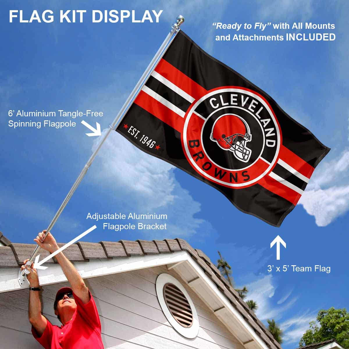 WinCraft Cleveland Browns Patch Logo Flag Pole and Bracket Mount Kit - Sports Collectibles, Sports Memorabilia, Sports Fan Shop, Sports Gifts