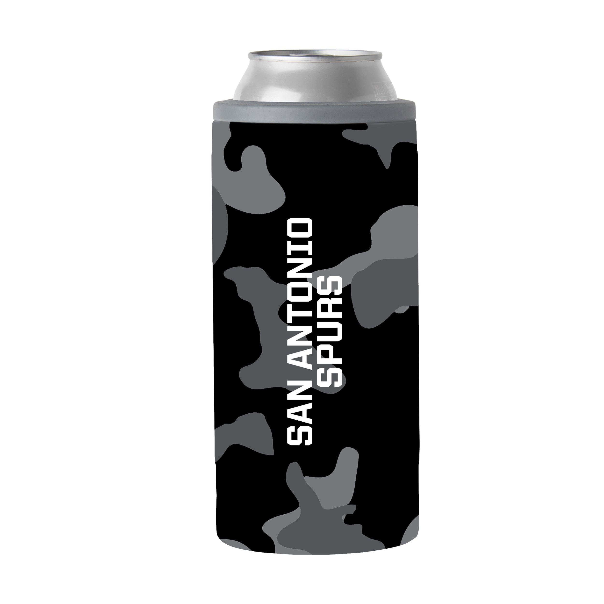 San Antonio Spurs Black Camo 12oz Slim Can Coolie - Sports Gifts, Sports Memorabilia, Sports Collectibles, Fan Shop