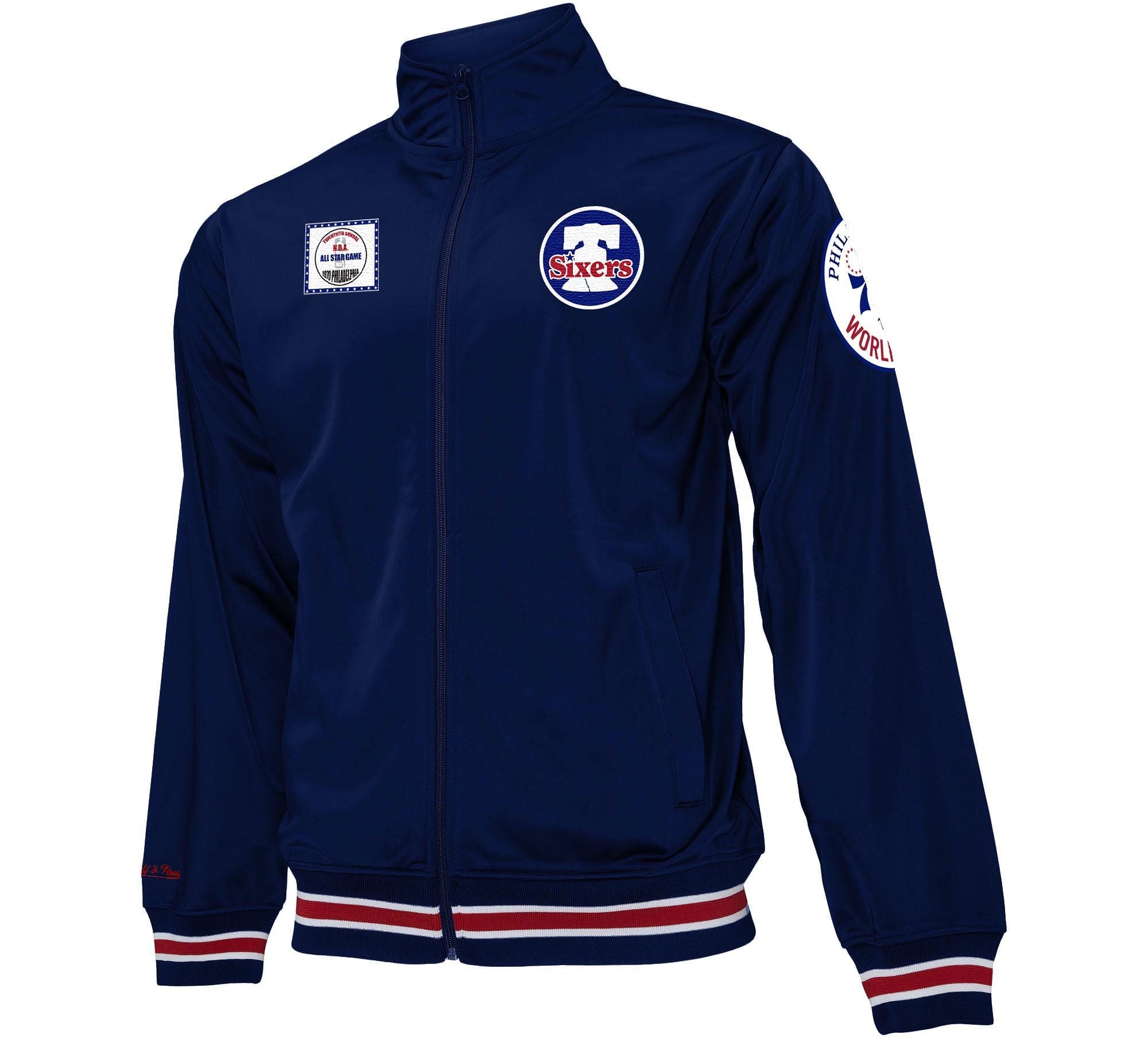 Philadelphia 76ers Mitchell & Ness Blue Champ City Track Jacket - Sports Collectibles, Sports Memorabilia, Sports Fan Shop, Sports Gifts