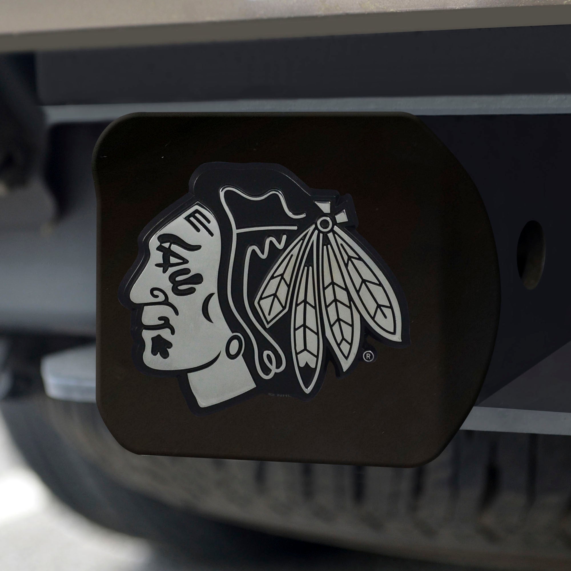 NHL - Chicago Blackhawks Chrome on Black Hitch Cover - Sports Gifts, Sports Memorabilia, Sports Collectibles, Fan Shop