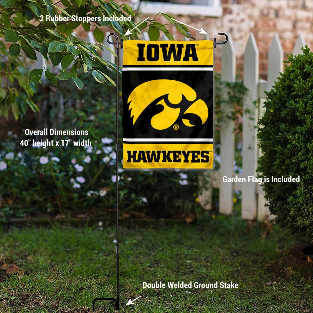 College Flags & Banners Co. Iowa Hawkeyes Garden Flag with Stand Holder - Sports Collectibles, Sports Memorabilia, Sports Fan Shop, Sports Gifts