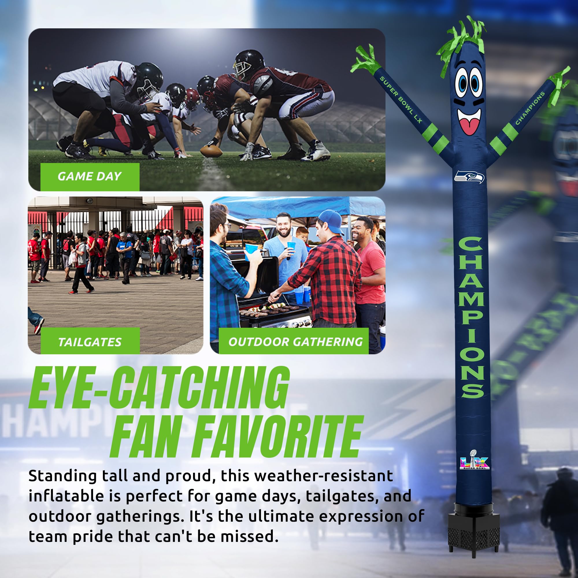 Seattle Seahawks Super Bowl 60 Champions Inflatable Crazy Sports Fan with LED Lights and Built-in Blower Air Wacky Dancers Outdoor Yard Decoration, Official NFL, 8 ft - Sports Gifts, Sports Memorabilia, Sports Collectibles, Fan Shop