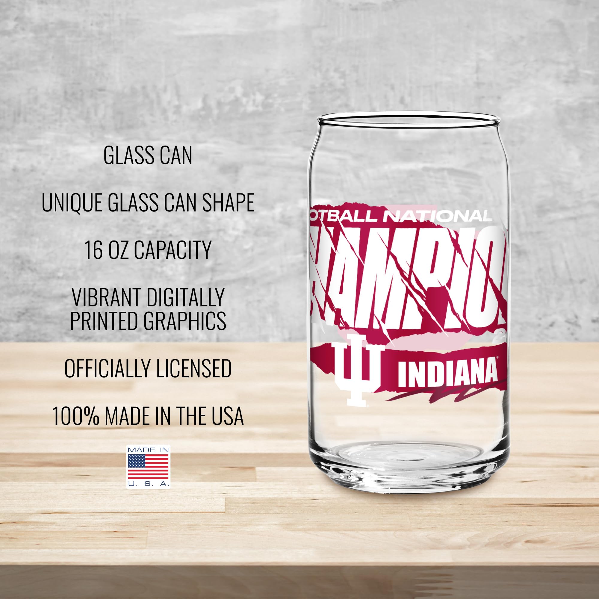 Rico Industries NCAA Indiana Hoosiers 2026 Football National Champions 16-oz Can Shaped Glass - Sports Gifts, Sports Memorabilia, Sports Collectibles, Fan Shop
