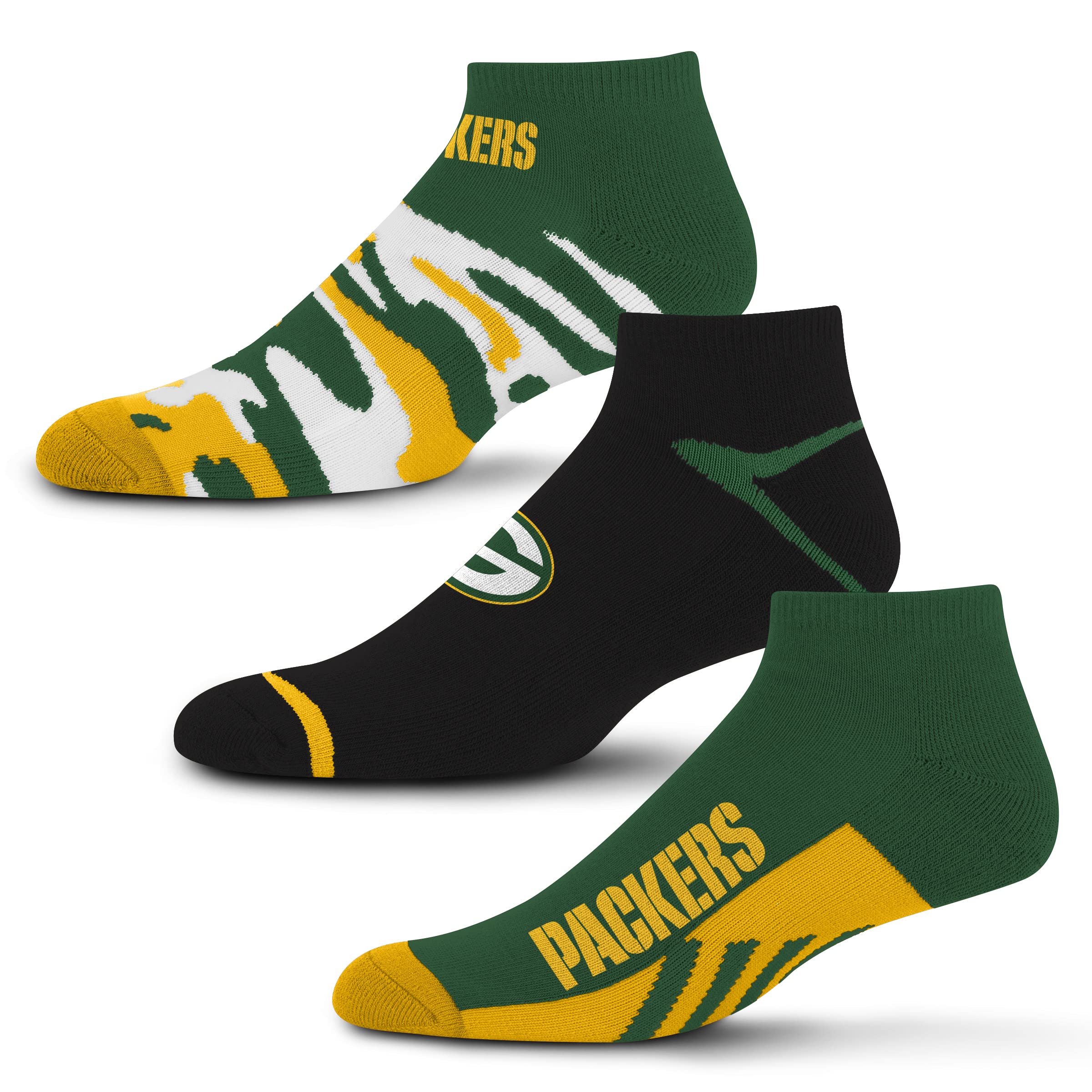For Bare Feet NFL Green Bay Packers CAMO BOOM 3 Pack Ankle Sock Team Colors Large - Sports Gifts, Sports Memorabilia, Sports Collectibles, Fan Shop