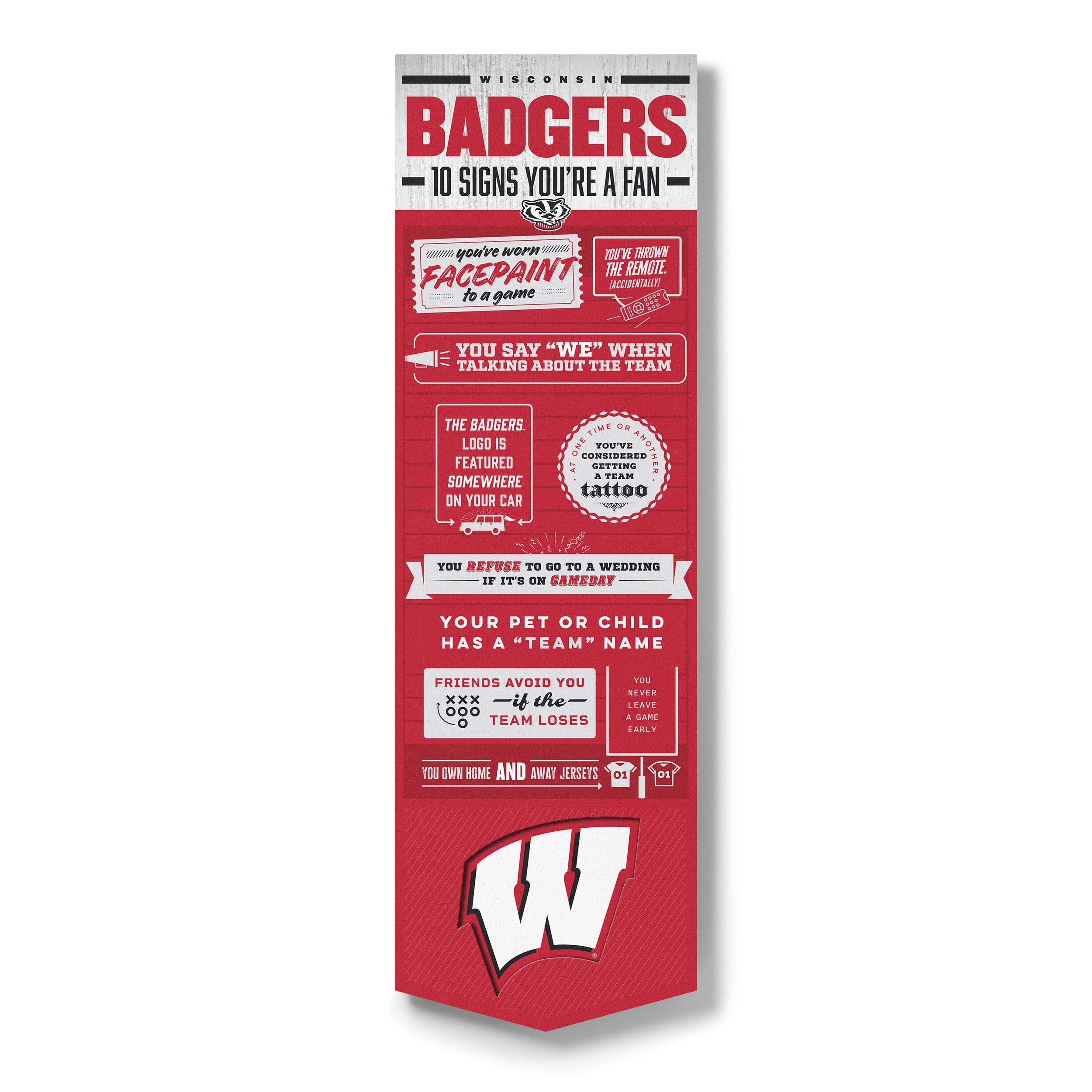 YouTheFan Officially-licensed NCAA Wisconsin Badgers 6x19 Top 10 Signs Banner - humorous descriptions - fun sports fan phrases, original design, indoor team wall decor fan gift - Sports Collectibles, Sports Memorabilia, Sports Fan Shop, Sports Gifts