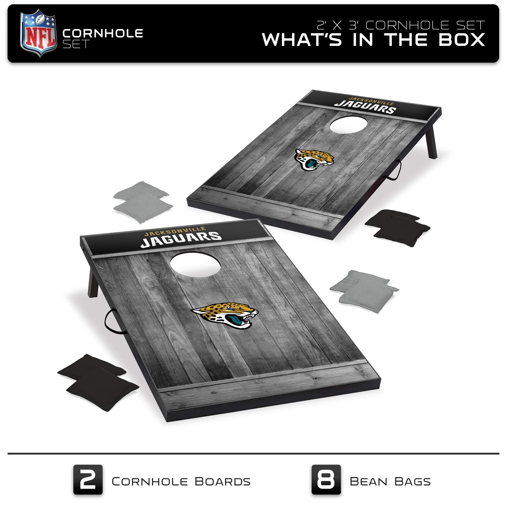 Wild Sports 2'x3' MDF Wood NFL Jacksonville Jaguars Cornhole Set - Grey Wood Design - Sports Collectibles, Sports Memorabilia, Sports Fan Shop, Sports Gifts